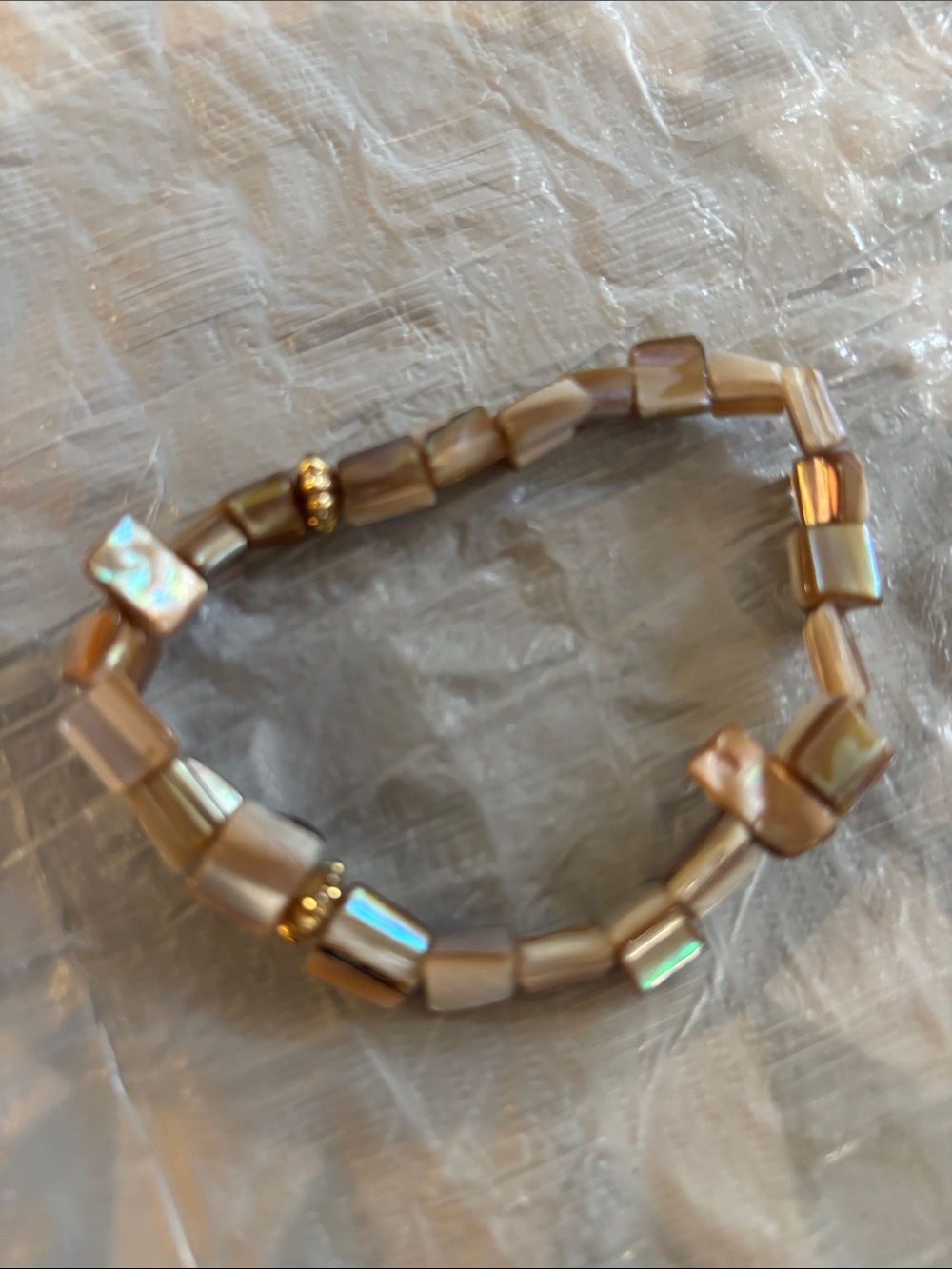 Iridescent Beige Stretch Beaded Bracelet with Gold Accents - Women’s Jewelry